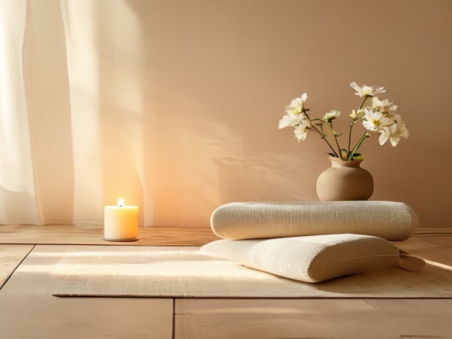 Meditatiealtar met kaars, bloem en meditatiematje in warm licht